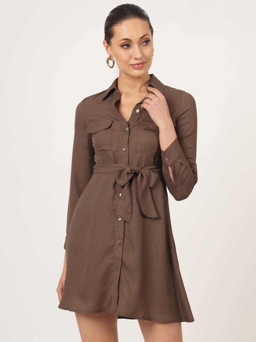 Beatnik Mini Shirt Saddle Brown Dress with Pockets Beatnik India