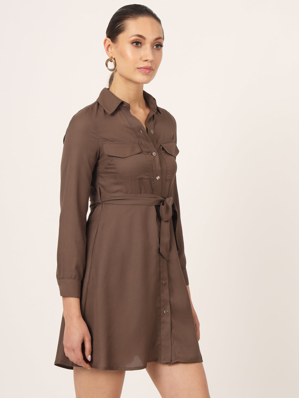 Beatnik Mini Shirt Saddle Brown Dress with Pockets Beatnik India
