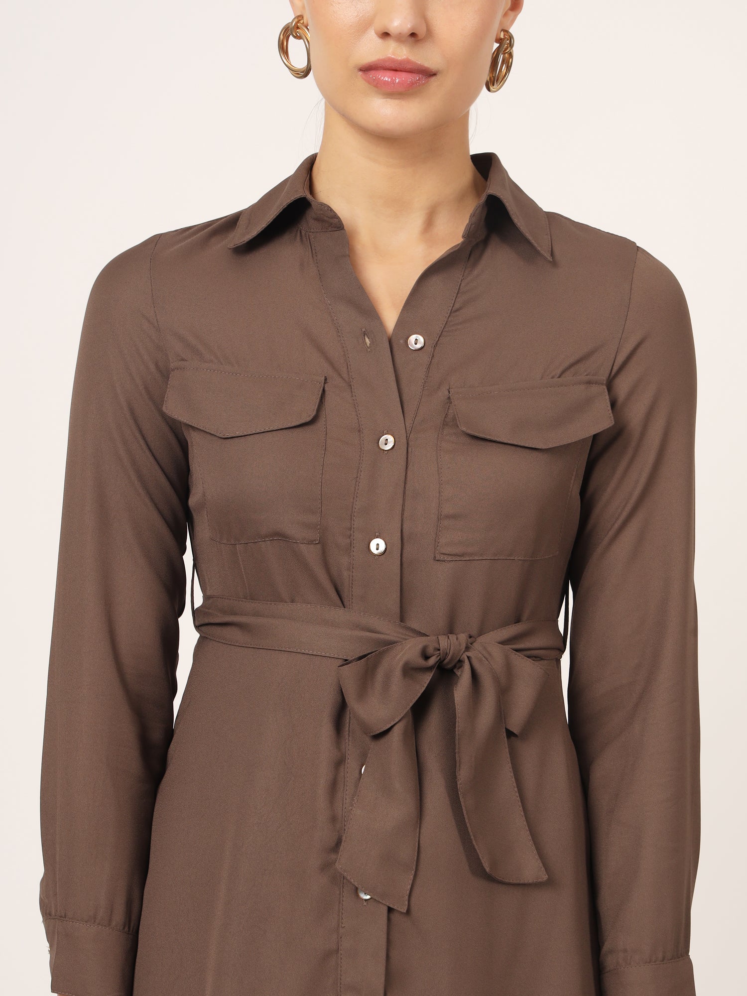 Beatnik Mini Shirt Saddle Brown Dress with Pockets Beatnik India