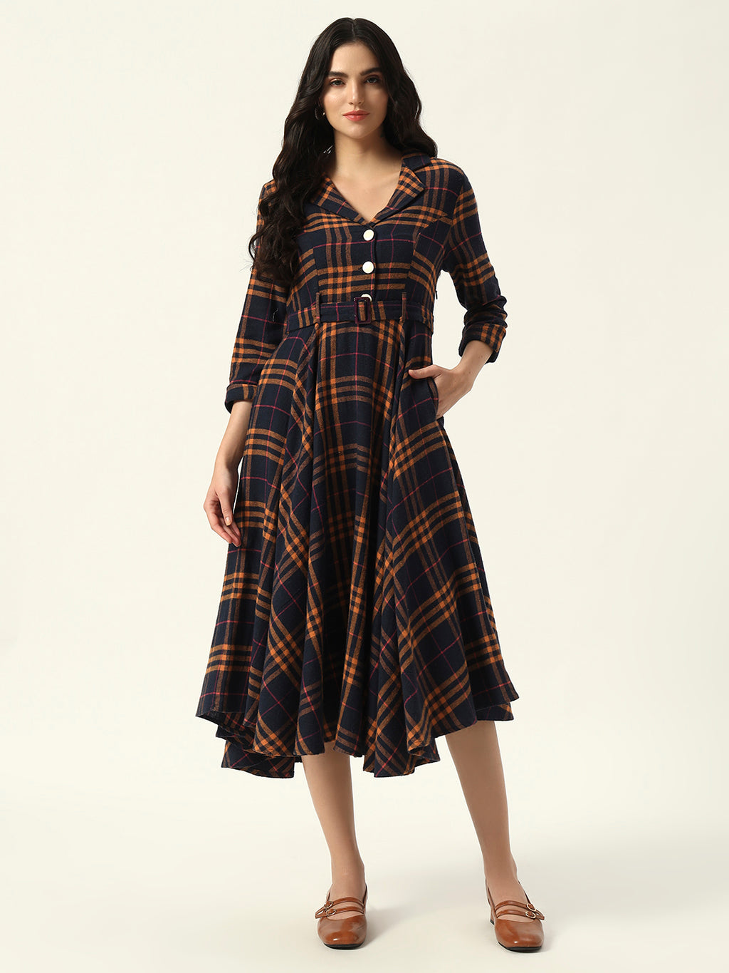 Fitted & Flare Checked Print Casual Wear Midi Dress