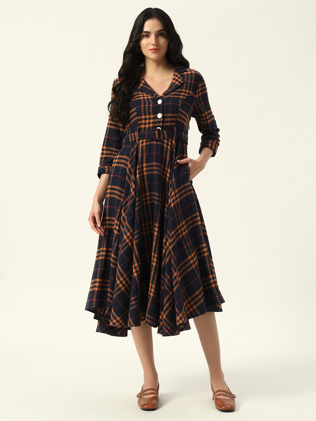 Fitted & Flare Checked Print Casual Wear Midi Dress