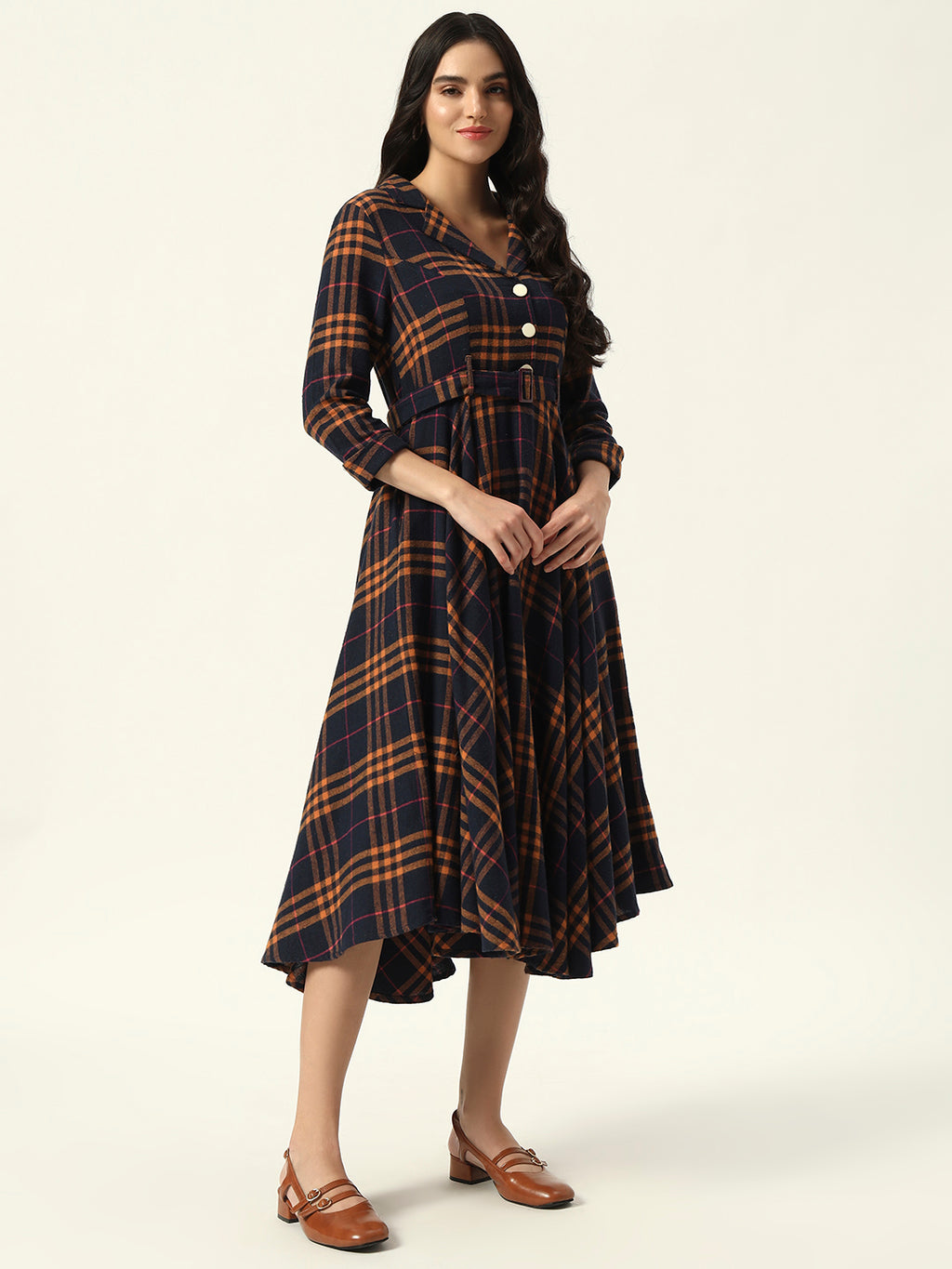 Fitted & Flare Checked Print Casual Wear Midi Dress