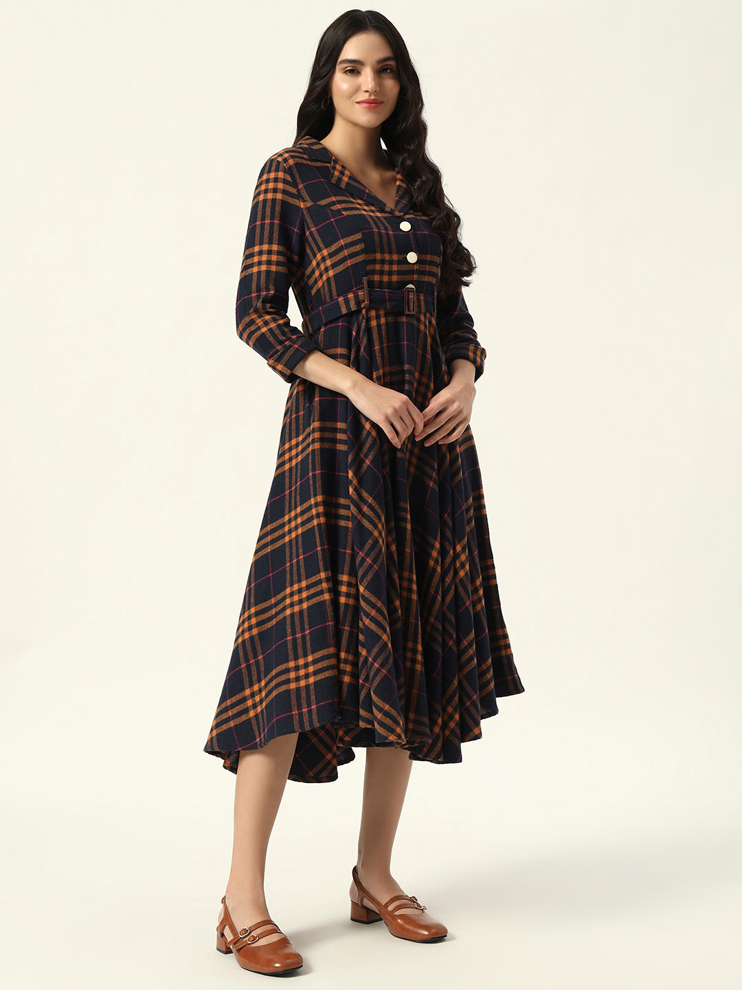 Fitted & Flare Checked Print Casual Wear Midi Dress