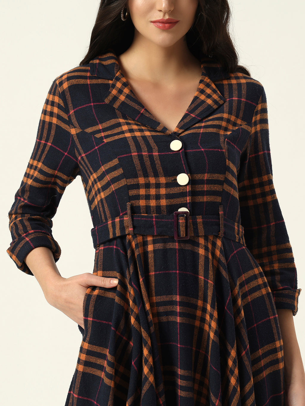 Fitted & Flare Checked Print Casual Wear Midi Dress