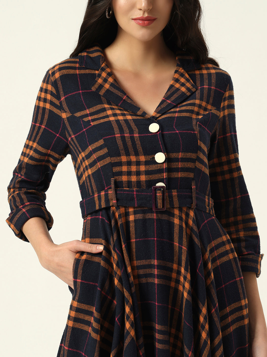 Fitted & Flare Checked Print Casual Wear Midi Dress