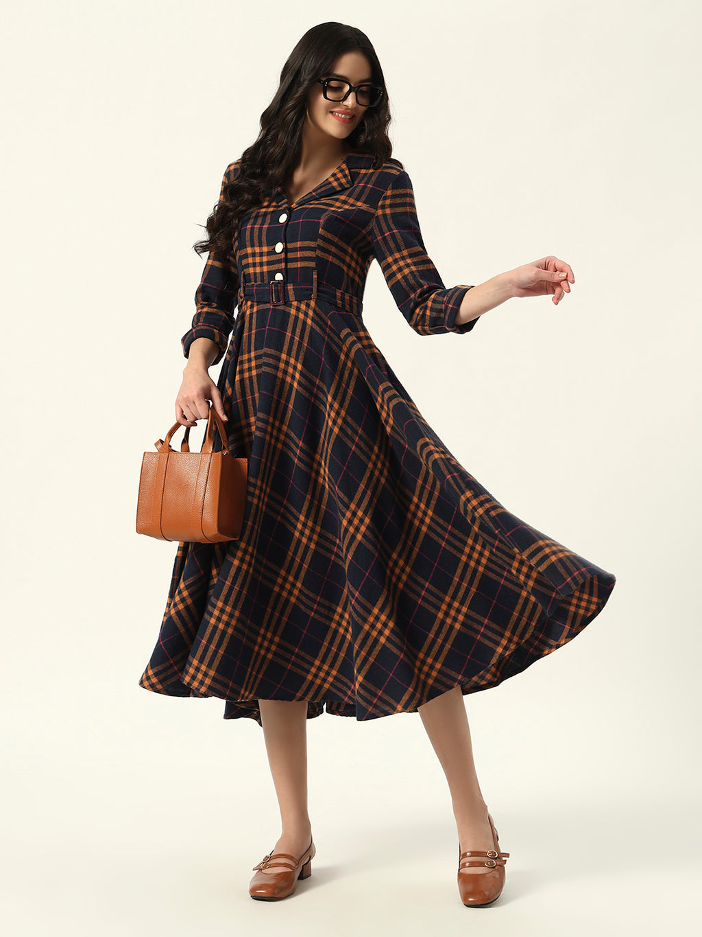 Fitted & Flare Checked Print Casual Wear Midi Dress