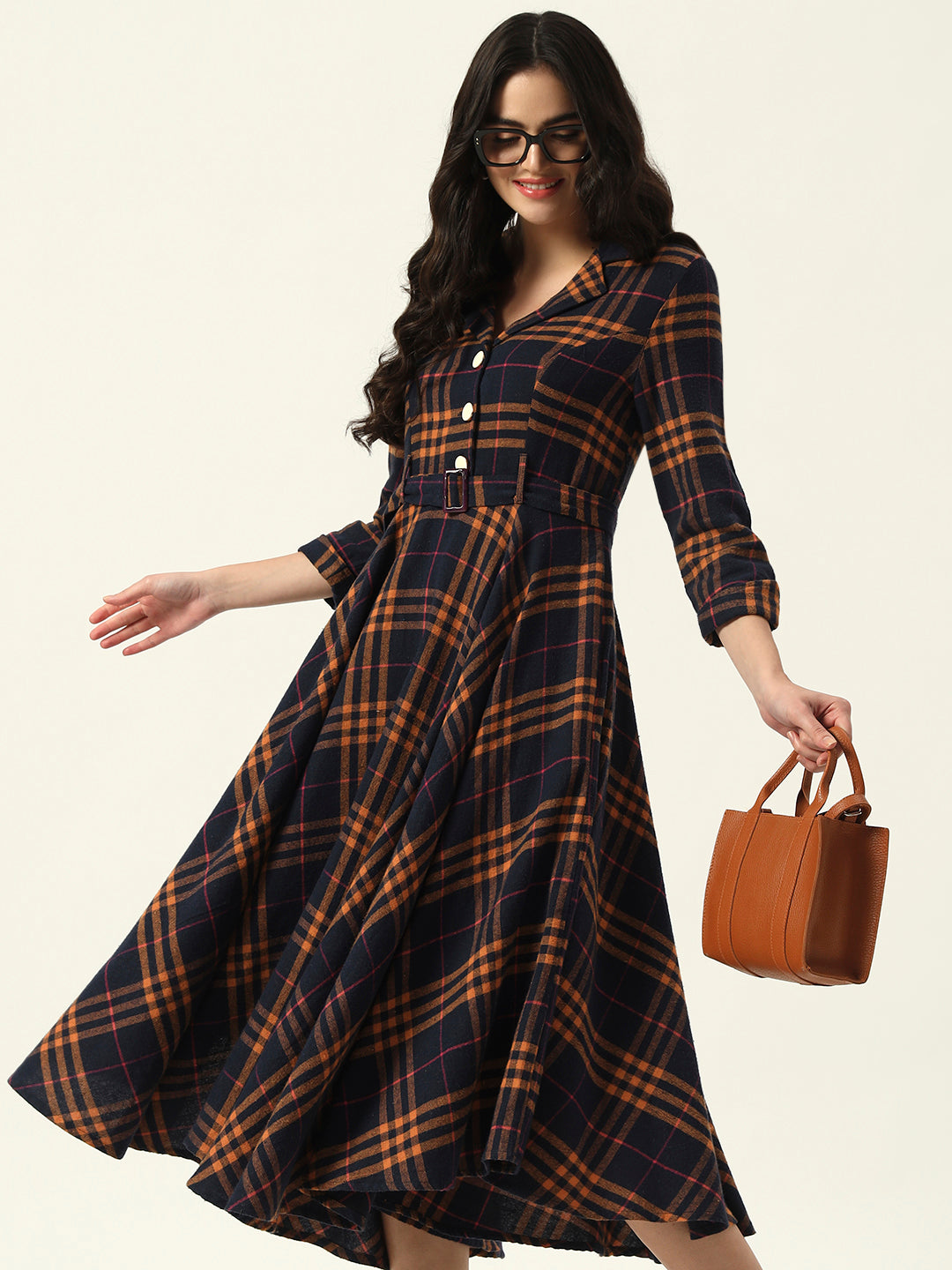 Fitted & Flare Checked Print Casual Wear Midi Dress