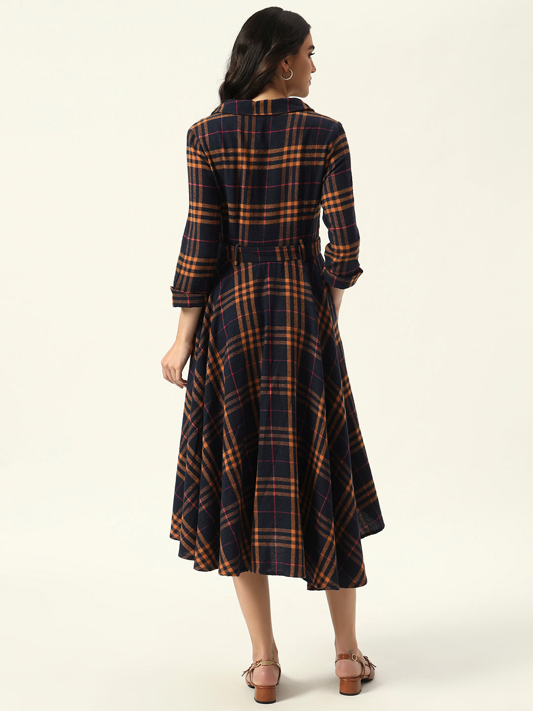 Fitted & Flare Checked Print Casual Wear Midi Dress