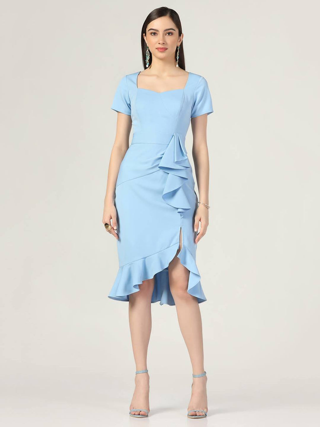 Summer Casual Sweetheart Neck Bodycon Ruffle Style Light Blue Midi Dress Beatnik India