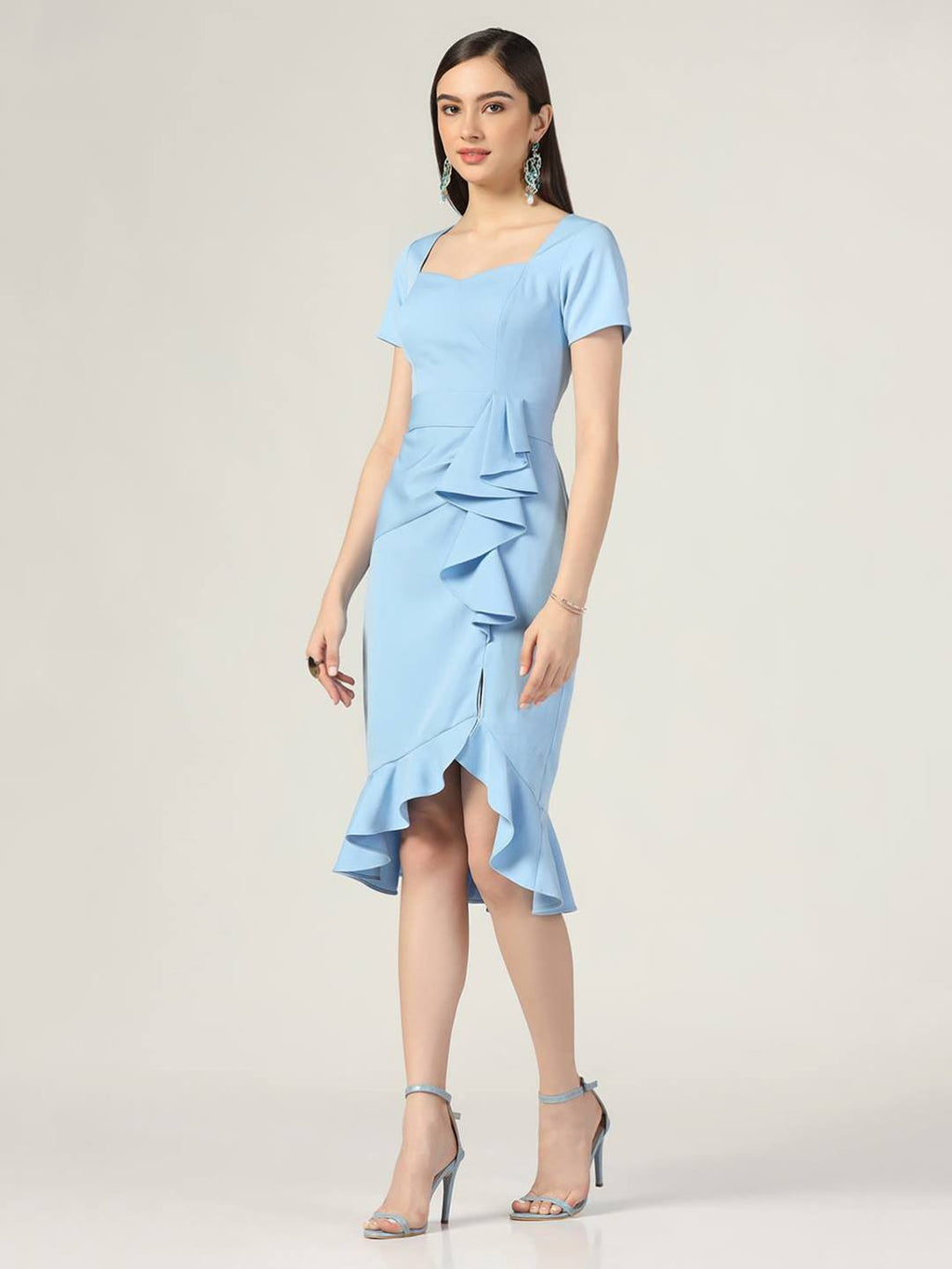 Summer Casual Sweetheart Neck Bodycon Ruffle Style Light Blue Midi Dress Beatnik India