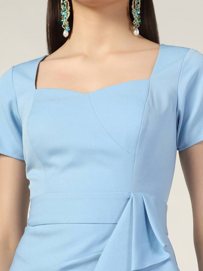 Summer Casual Sweetheart Neck Bodycon Ruffle Style Light Blue Midi Dress Beatnik India