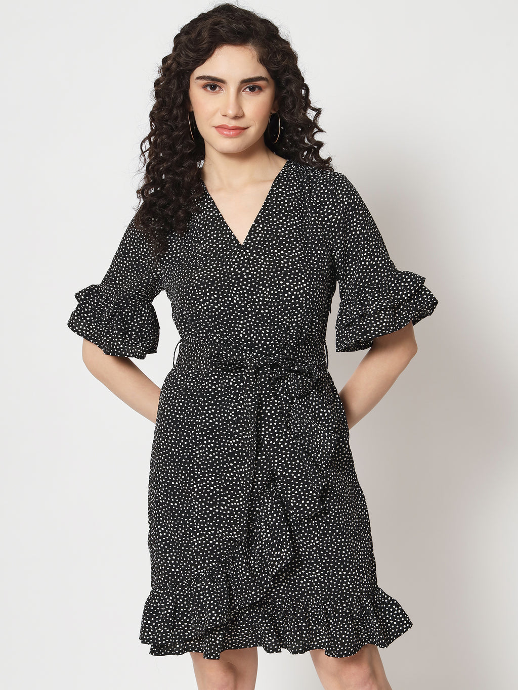 Beatnik Polka Dot Chic V-neck Mid-Length Black Dress Beatnik India