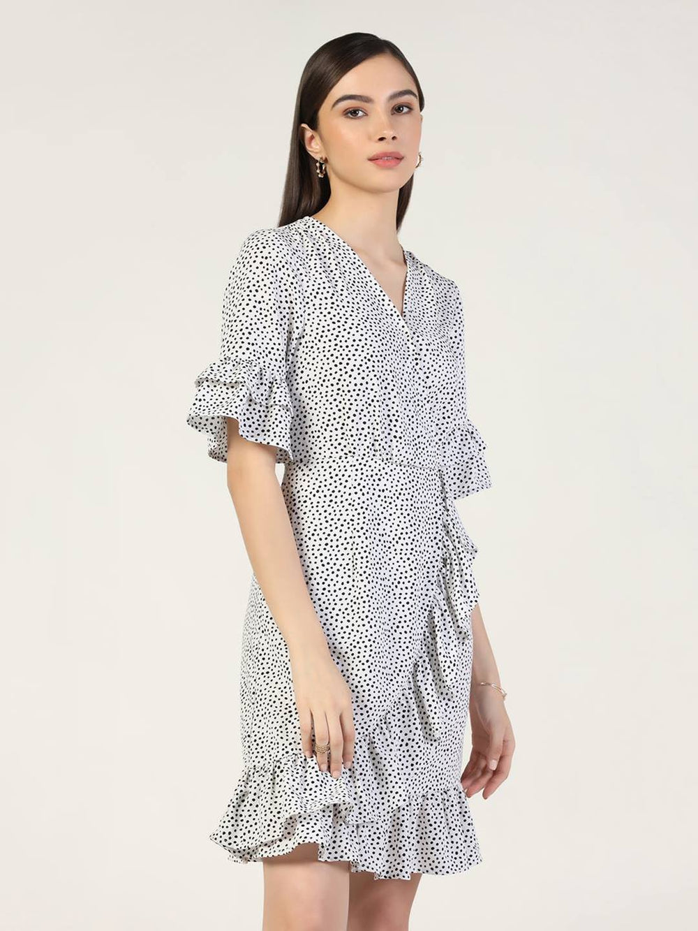 Beatnik Polka Dot Chic V-neck Mid-Length White Dress Beatnik India