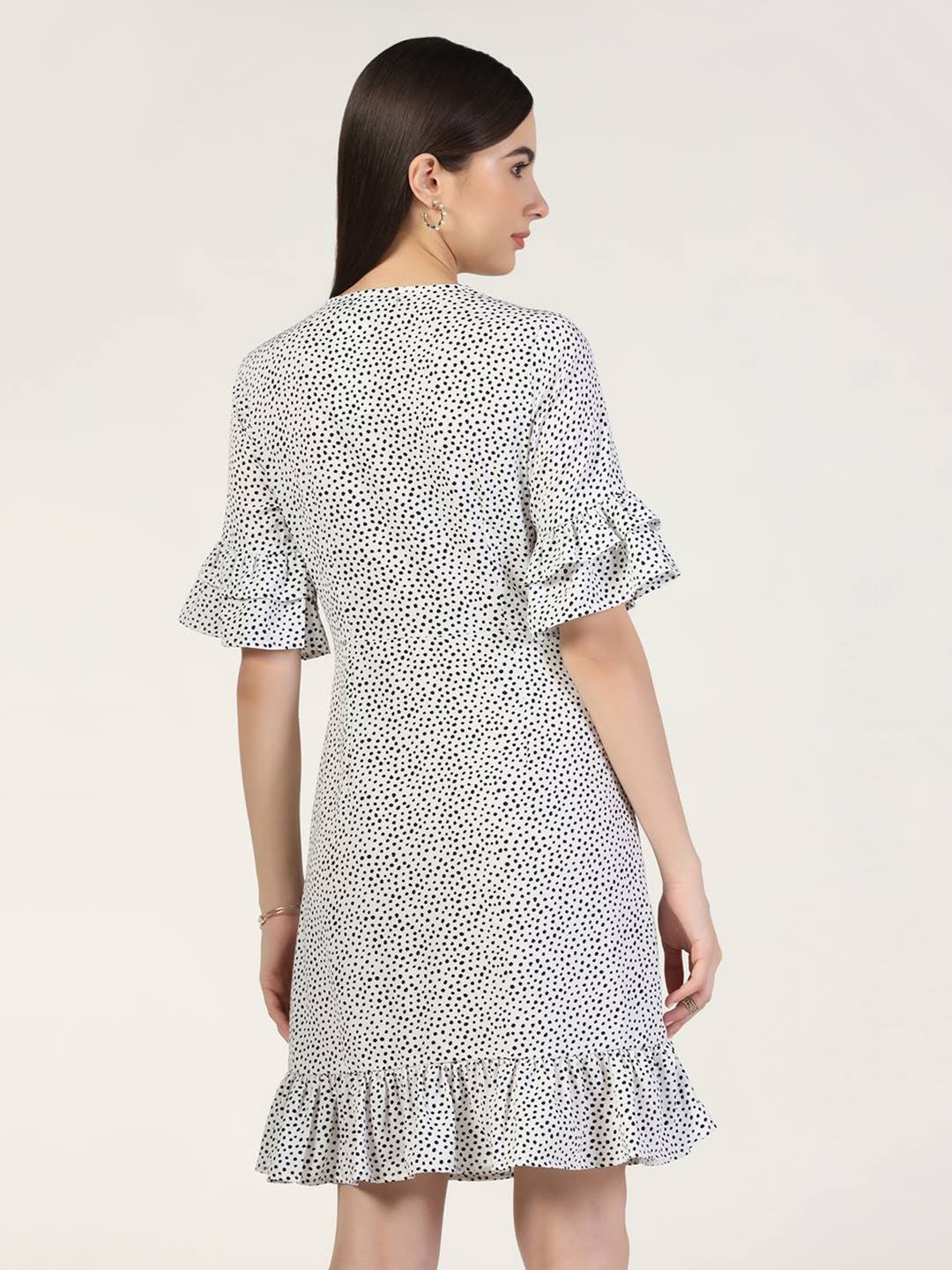 Beatnik Polka Dot Chic V-neck Mid-Length White Dress Beatnik India