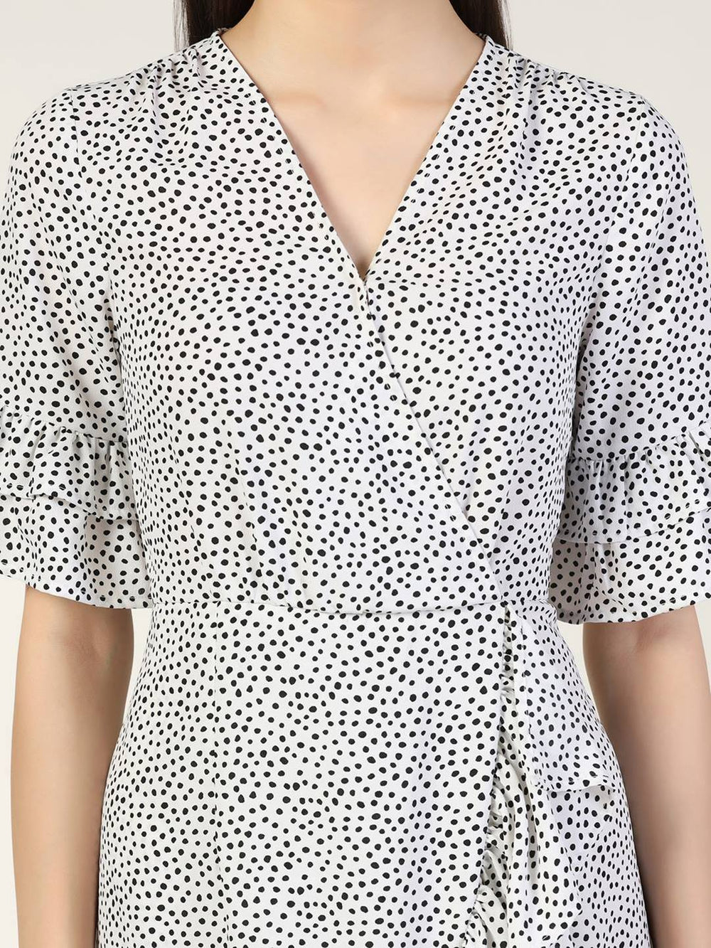 Beatnik Polka Dot Chic V-neck Mid-Length White Dress Beatnik India