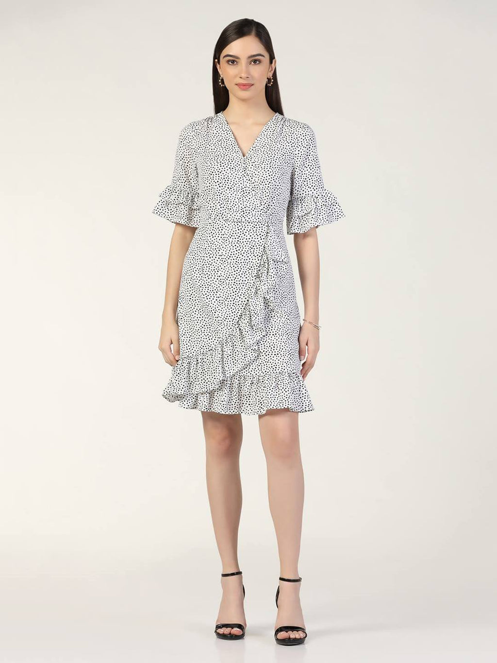 Beatnik Polka Dot Chic V-neck Mid-Length White Dress Beatnik India