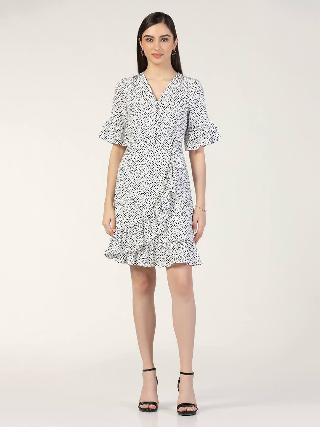 Beatnik Polka Dot Chic V-neck Mid-Length White Dress Beatnik India