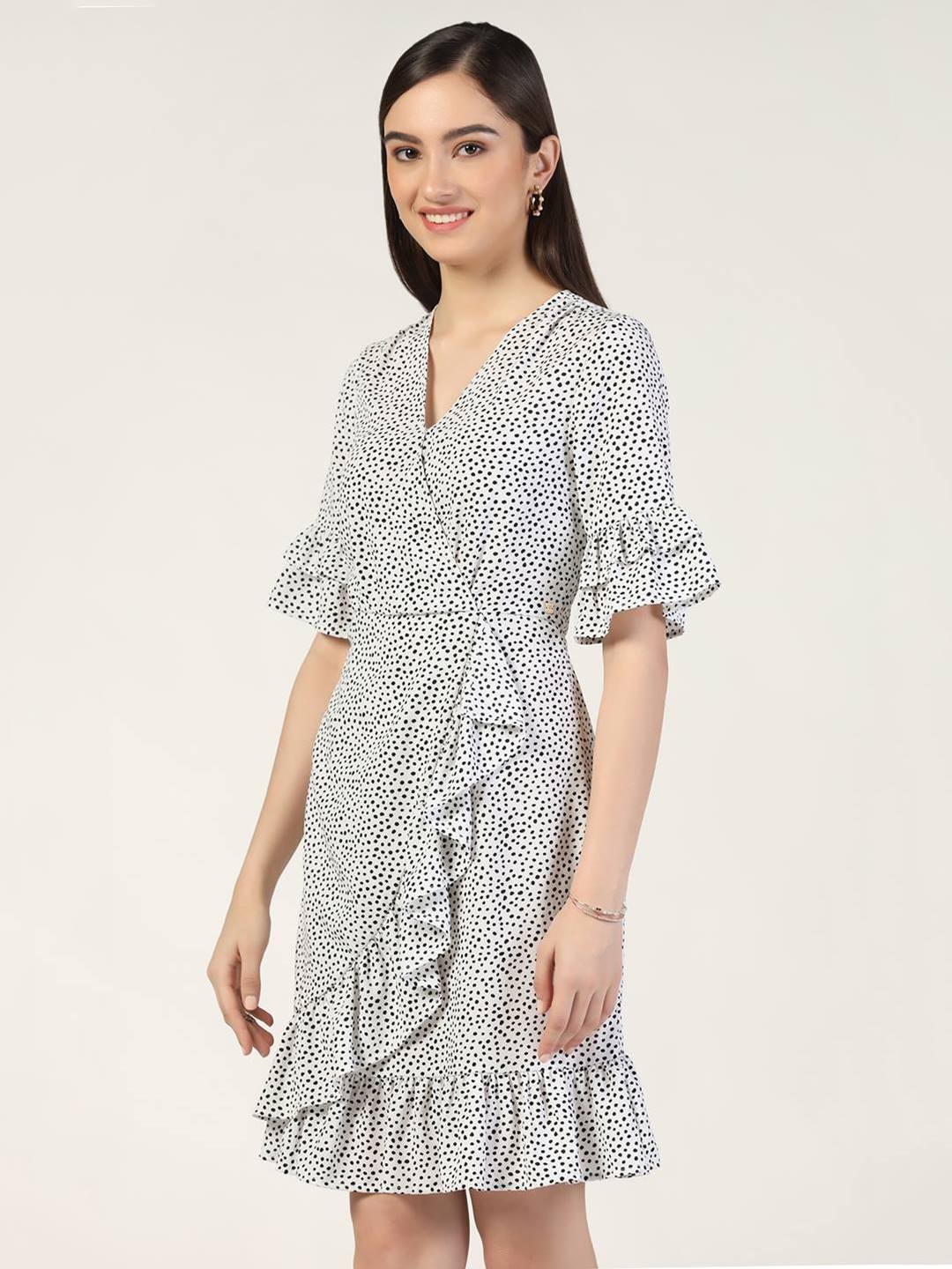 Beatnik Polka Dot Chic V-neck Mid-Length White Dress Beatnik India