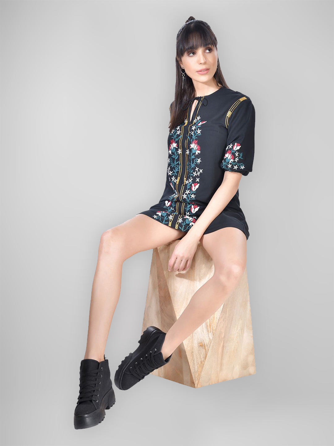 Beatnik Embroidered Casual Wear 3/4th Sleeve A-line Dresses Dresses