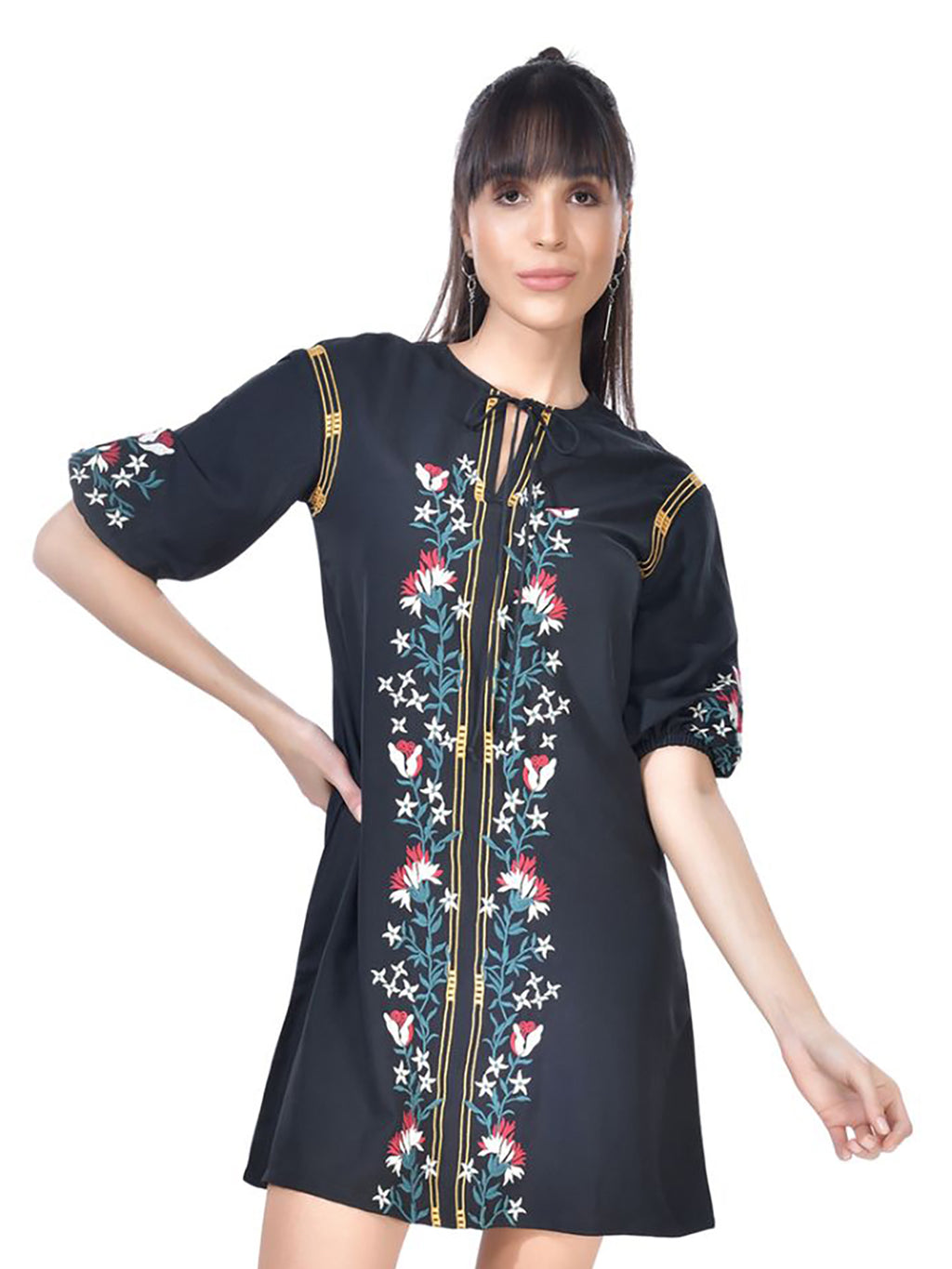 Beatnik Embroidered Casual Wear 3/4th Sleeve A-line Dresses Dresses