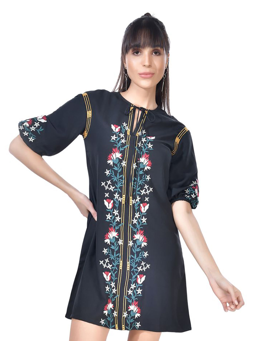 Beatnik Embroidered Casual Wear 3/4th Sleeve A-line Dresses Dresses