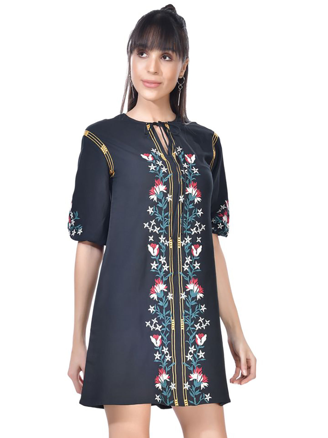 Beatnik Embroidered Casual Wear 3/4th Sleeve A-line Dresses Dresses