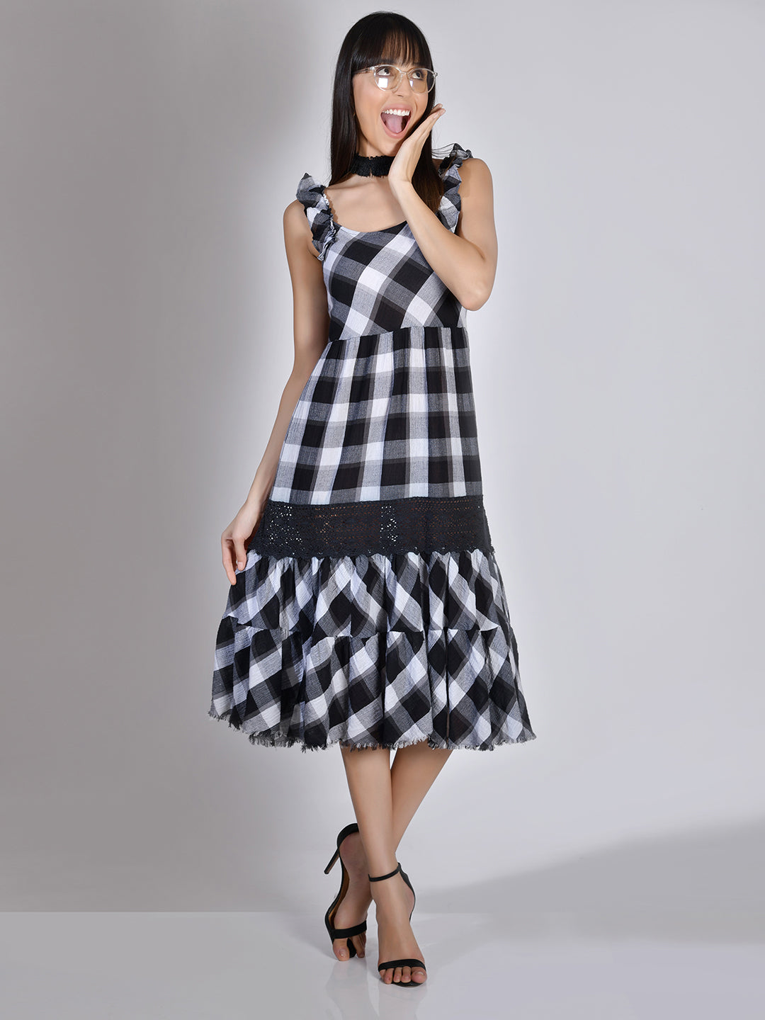 Beatnik Checkered Casual Wear Sleeveless Sheath/Fit n Flare Dresses Beatnik India