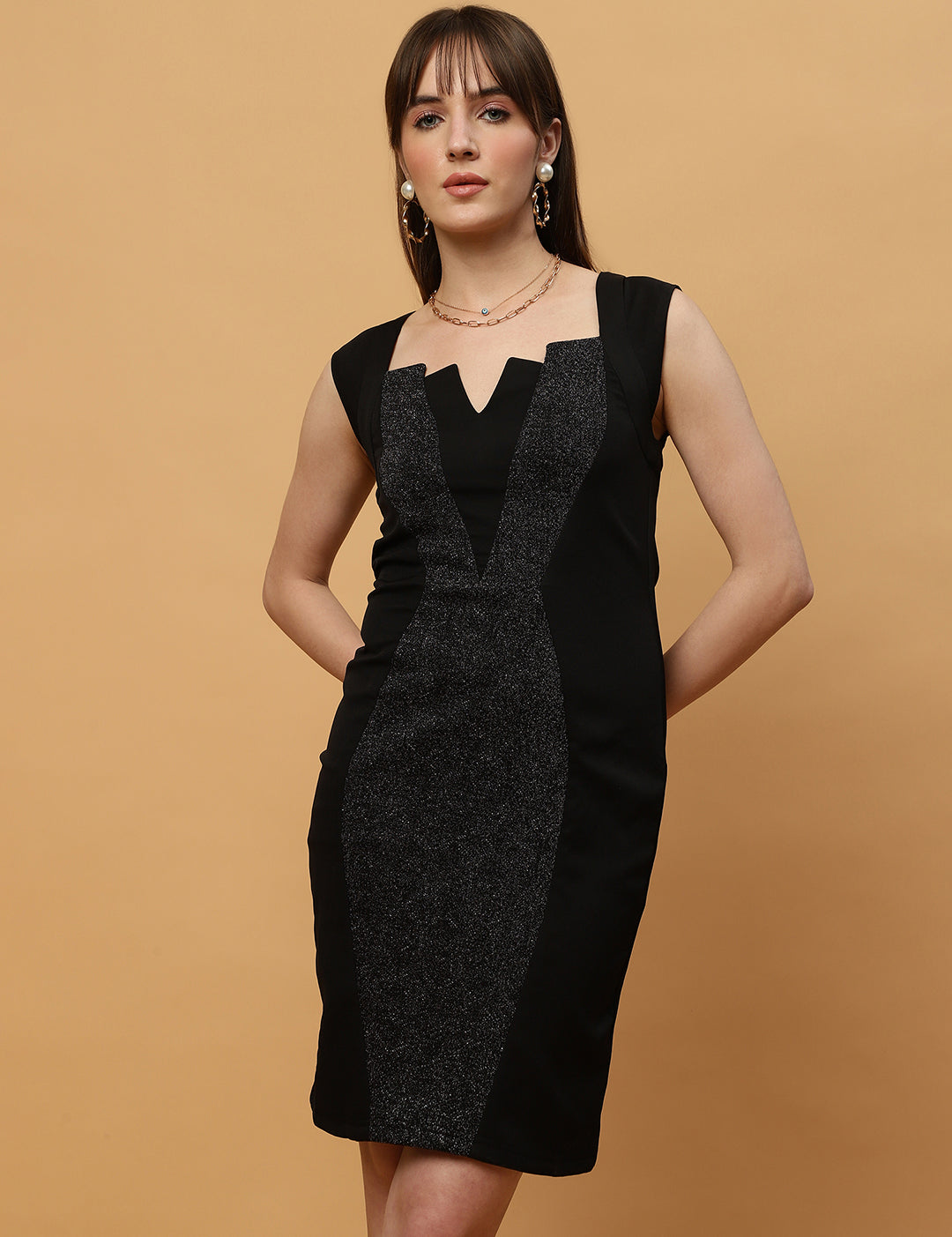 Beatnik Formal Wear V-neck Sleeveless Black Bodycon Dress Beatnik India