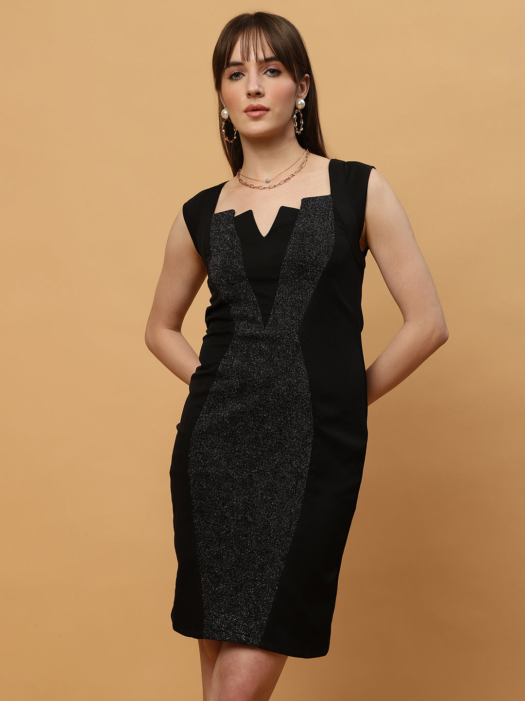 Beatnik Formal Wear V-neck Sleeveless Black Bodycon Dress Beatnik India