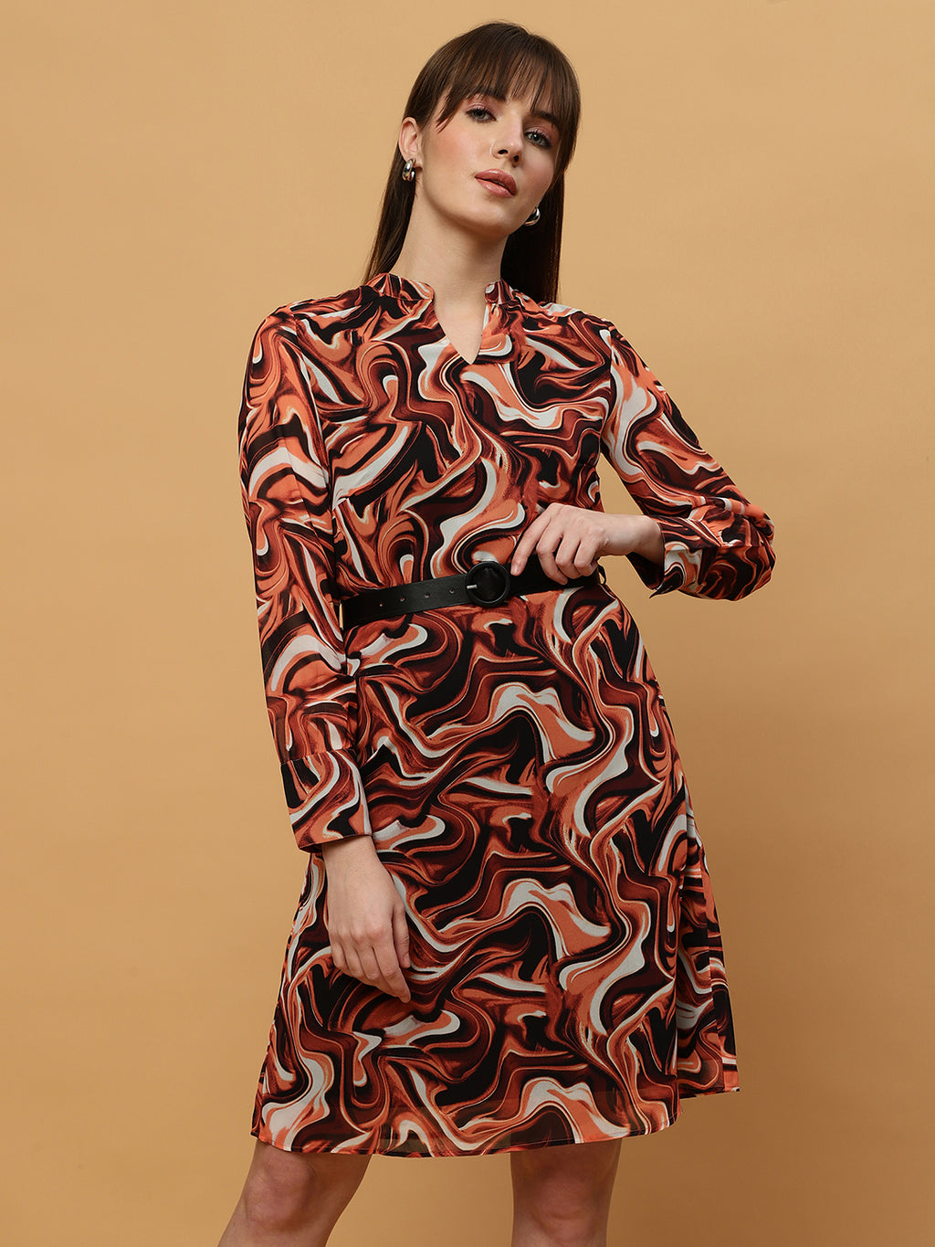 Beatnik Abstract Print Mandarin Collar Dress with Belt Beatnik India