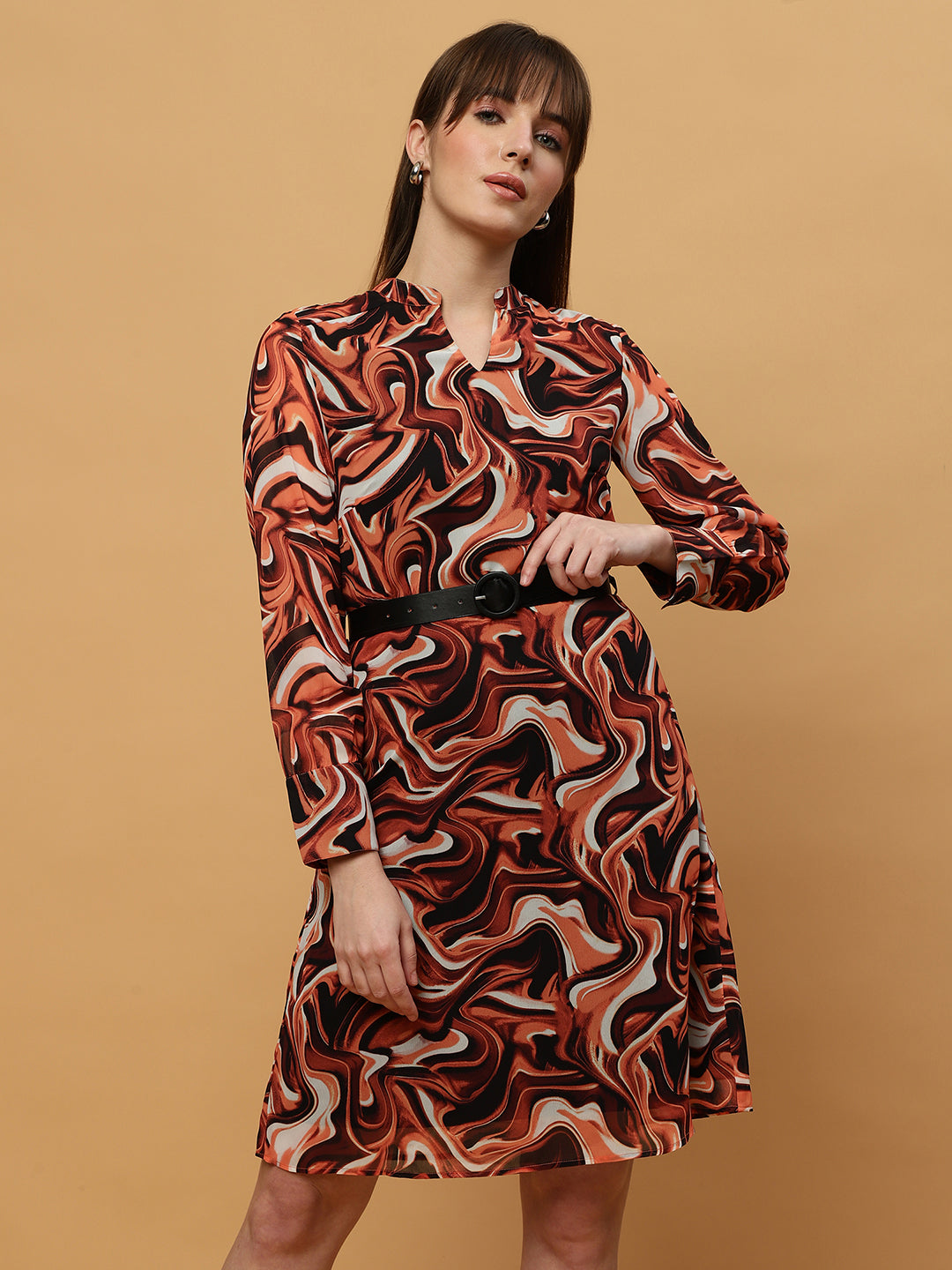 Beatnik Abstract Print Mandarin Collar Dress with Belt Beatnik India