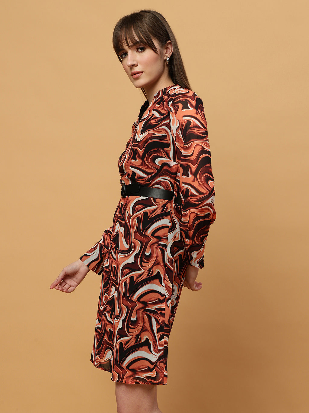 Beatnik Abstract Print Mandarin Collar Dress with Belt Beatnik India