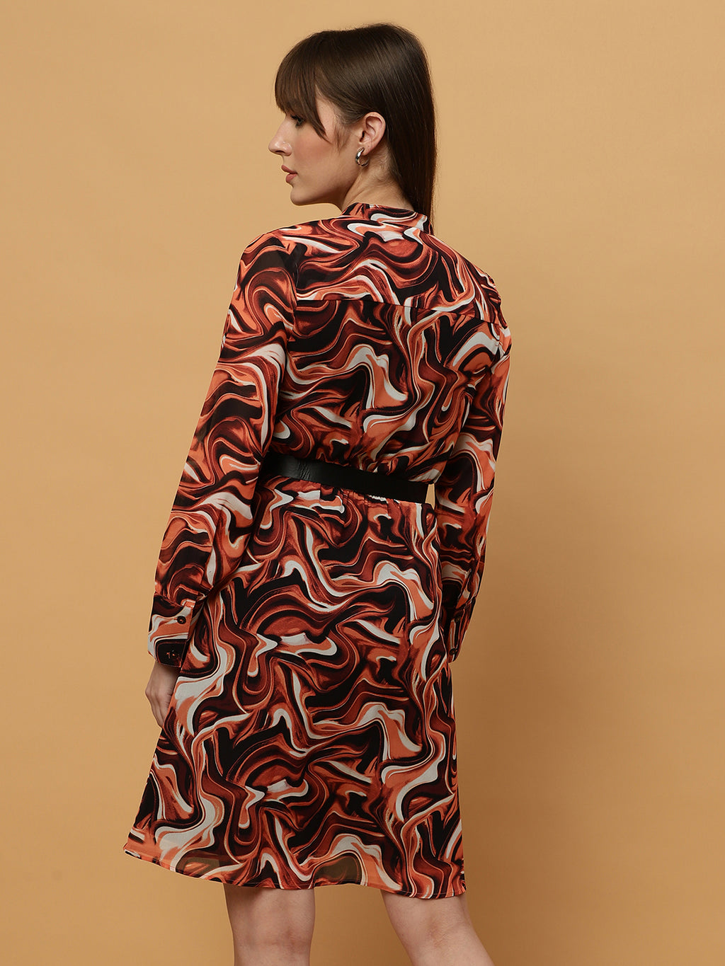 Beatnik Abstract Print Mandarin Collar Dress with Belt Beatnik India