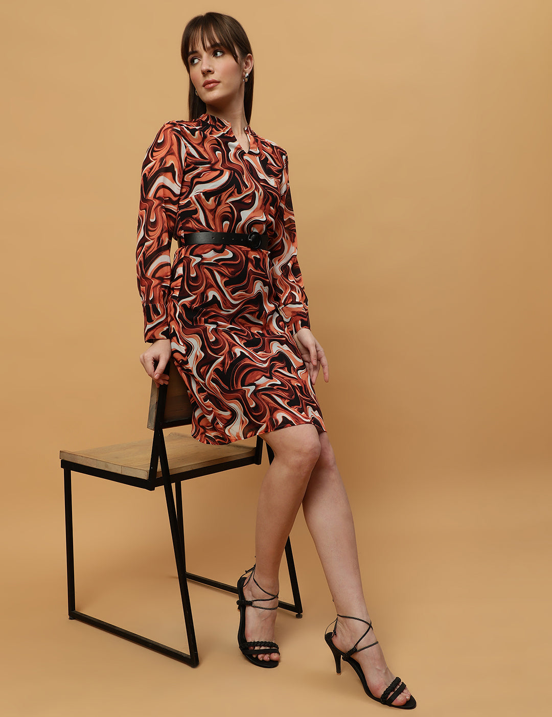 Beatnik Abstract Print Mandarin Collar Dress with Belt Beatnik India