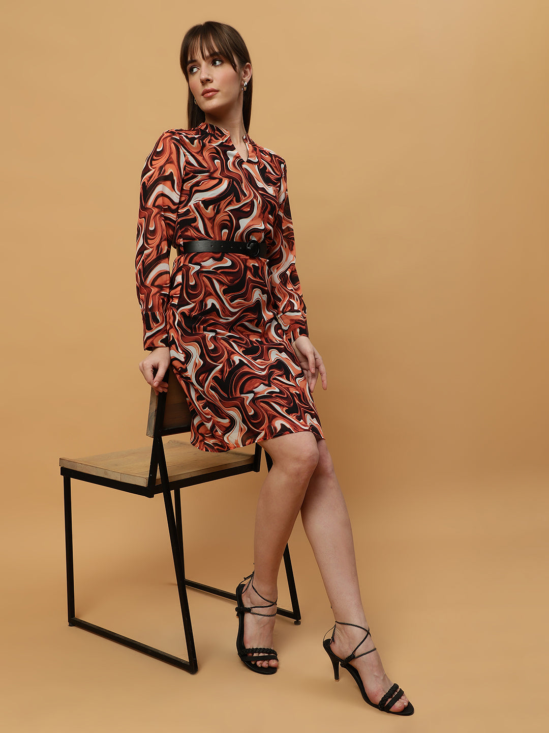 Beatnik Abstract Print Mandarin Collar Dress with Belt Beatnik India
