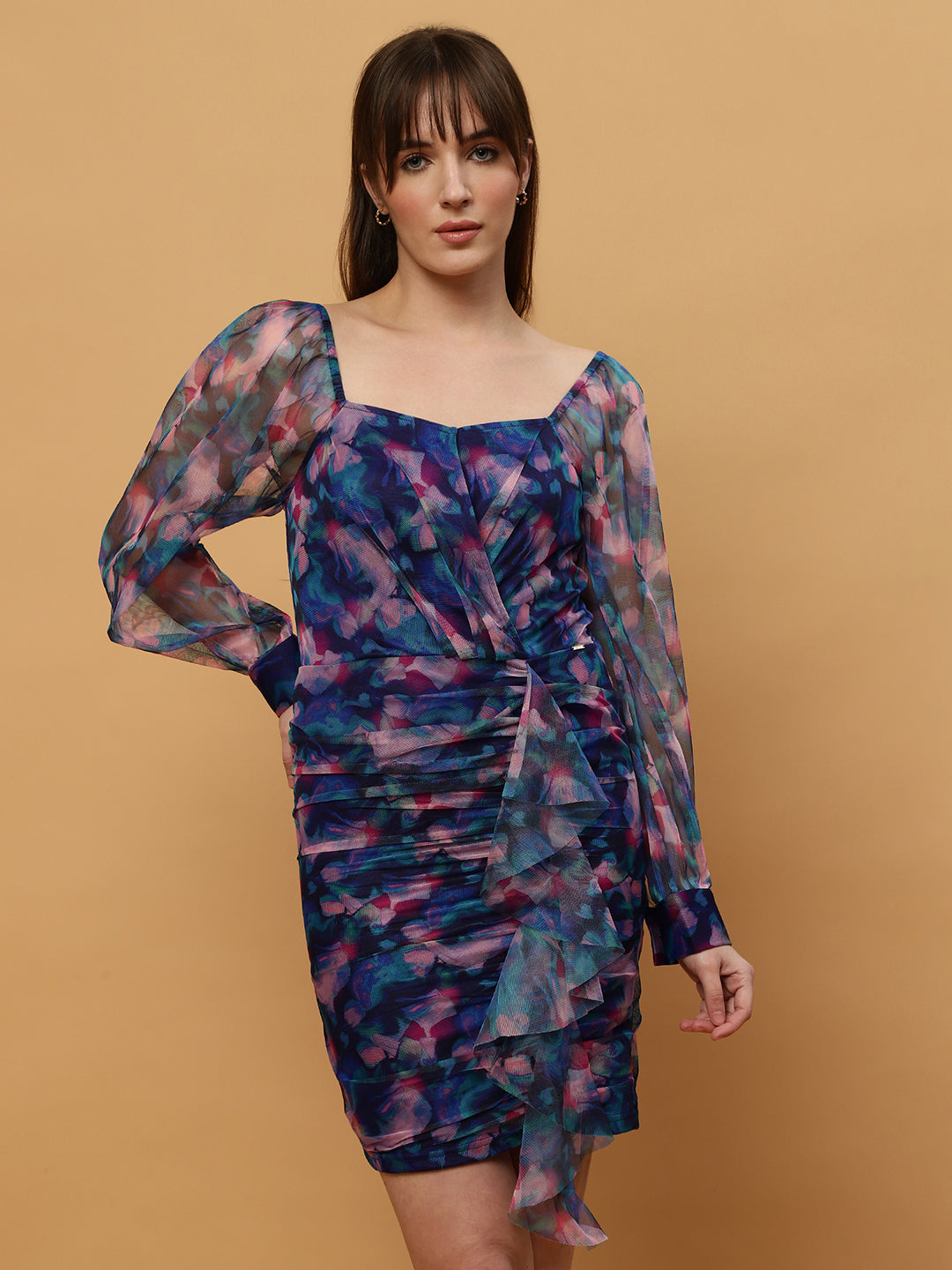 Empire Waist Floral Print Georgette Dress with Puff Sleeve Beatnik India