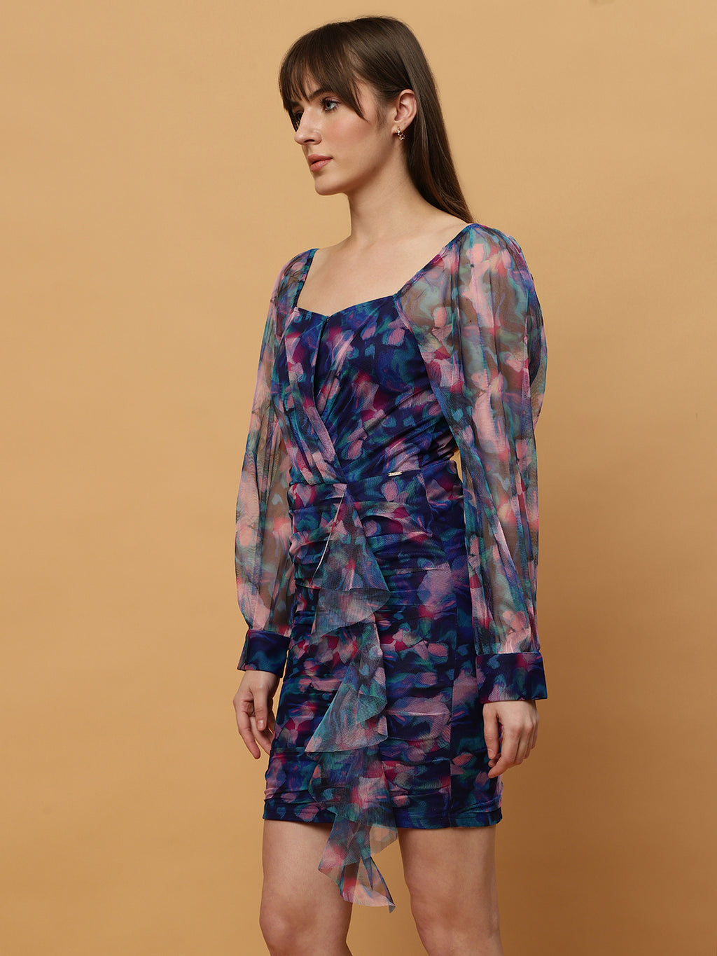 Empire Waist Floral Print Georgette Dress with Puff Sleeve Beatnik India