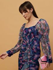 Empire Waist Floral Print Georgette Dress with Puff Sleeve Beatnik India