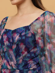 Empire Waist Floral Print Georgette Dress with Puff Sleeve Beatnik India