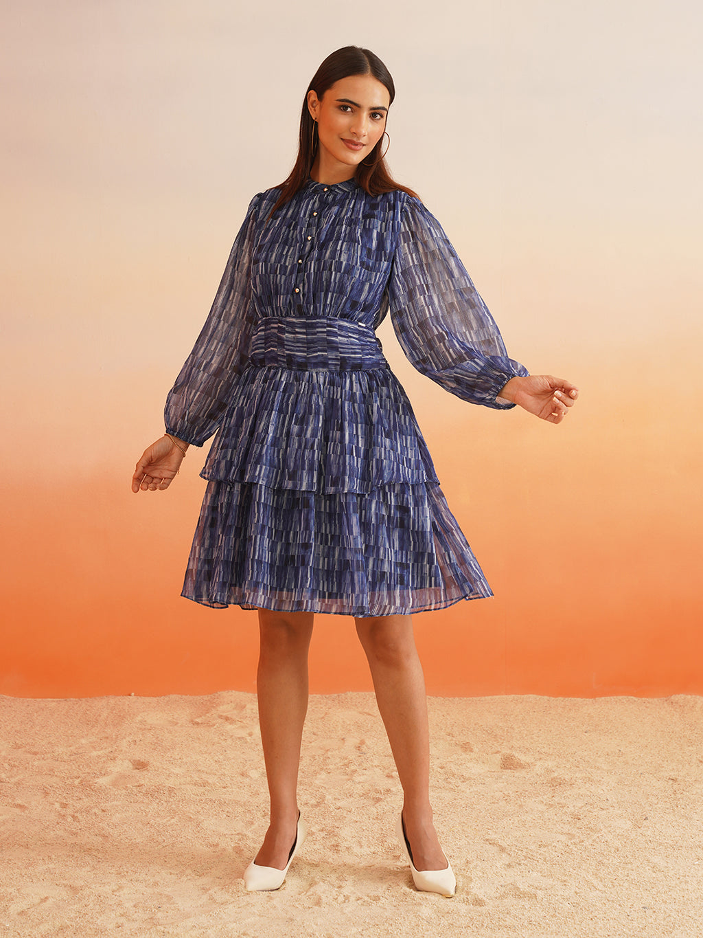 Rhythmic Ruffles Groove into Chic with Abstract Blue Dress Beatnik India