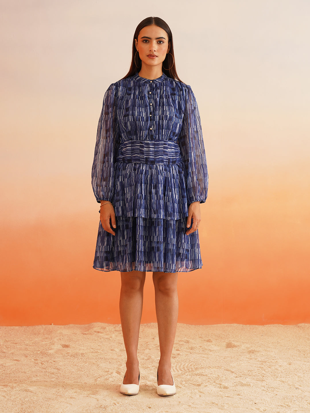 Rhythmic Ruffles Groove into Chic with Abstract Blue Dress Beatnik India