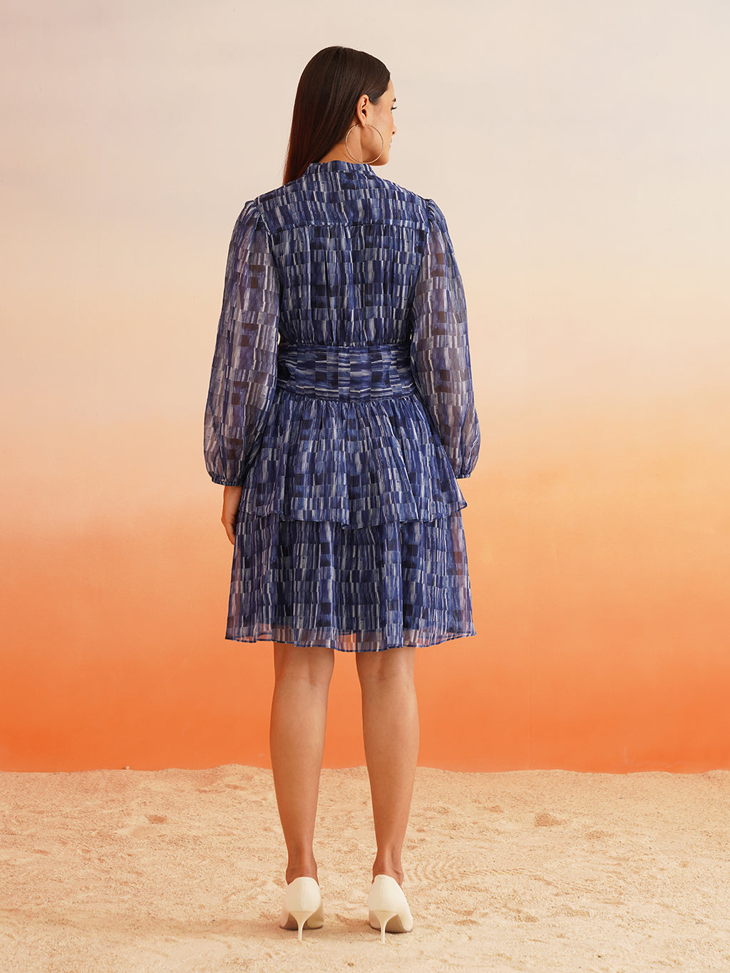 Rhythmic Ruffles Groove into Chic with Abstract Blue Dress Beatnik India