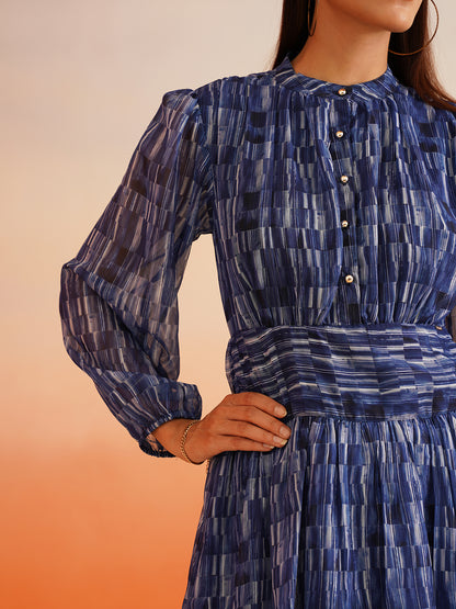 Rhythmic Ruffles Groove into Chic with Abstract Blue Dress Beatnik India