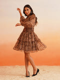 Rhythmic Ruffles Groove into Chic Bishop Sleeves Brown Dress Beatnik India
