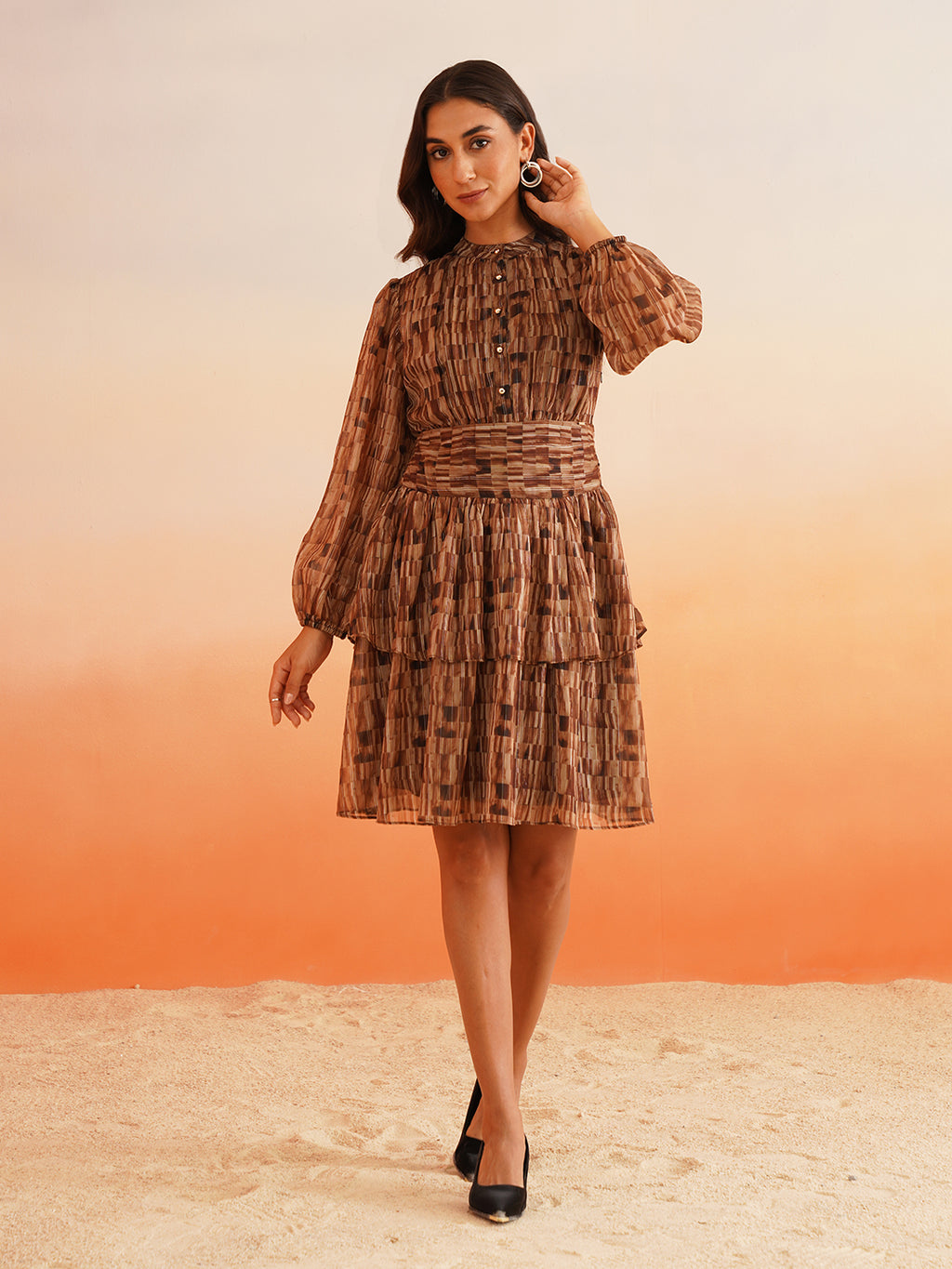 Rhythmic Ruffles Groove into Chic Bishop Sleeves Brown Dress Beatnik India