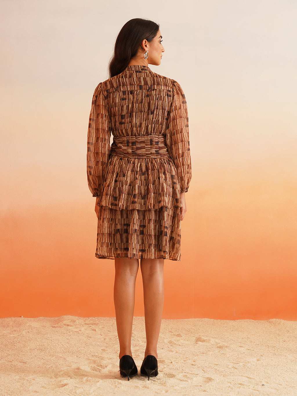 Rhythmic Ruffles Groove into Chic Bishop Sleeves Brown Dress Beatnik India