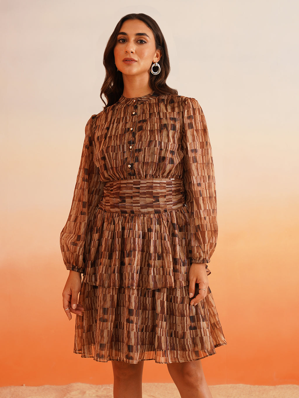 Rhythmic Ruffles Groove into Chic Bishop Sleeves Brown Dress Beatnik India