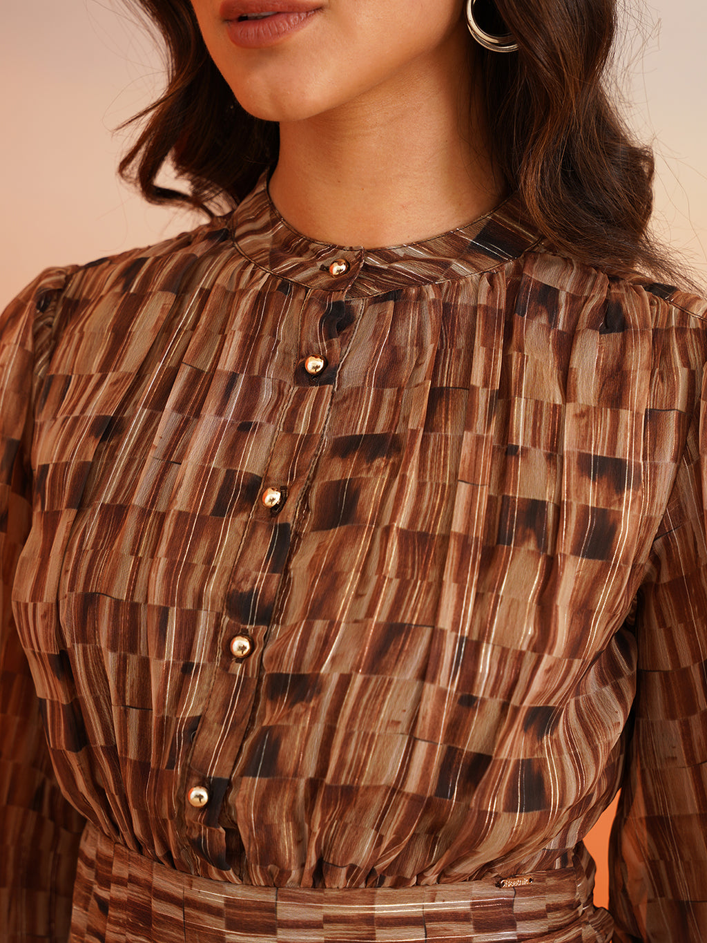 Rhythmic Ruffles Groove into Chic Bishop Sleeves Brown Dress Beatnik India