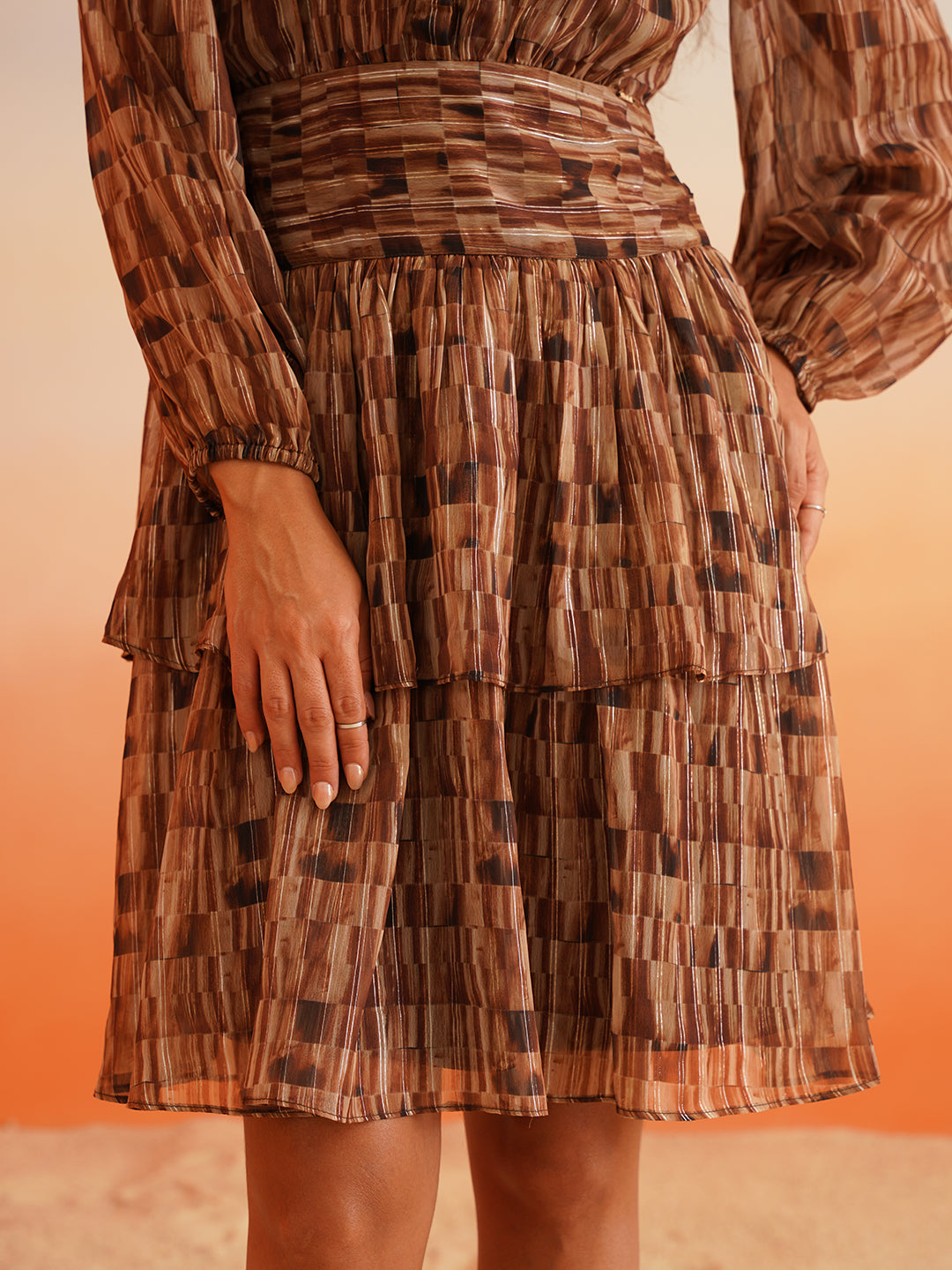 Rhythmic Ruffles Groove into Chic Bishop Sleeves Brown Dress Beatnik India
