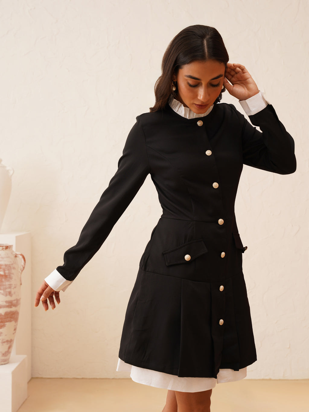 High Neck Full & Ruffled Sleeve Front Buttons Dress Beatnik India